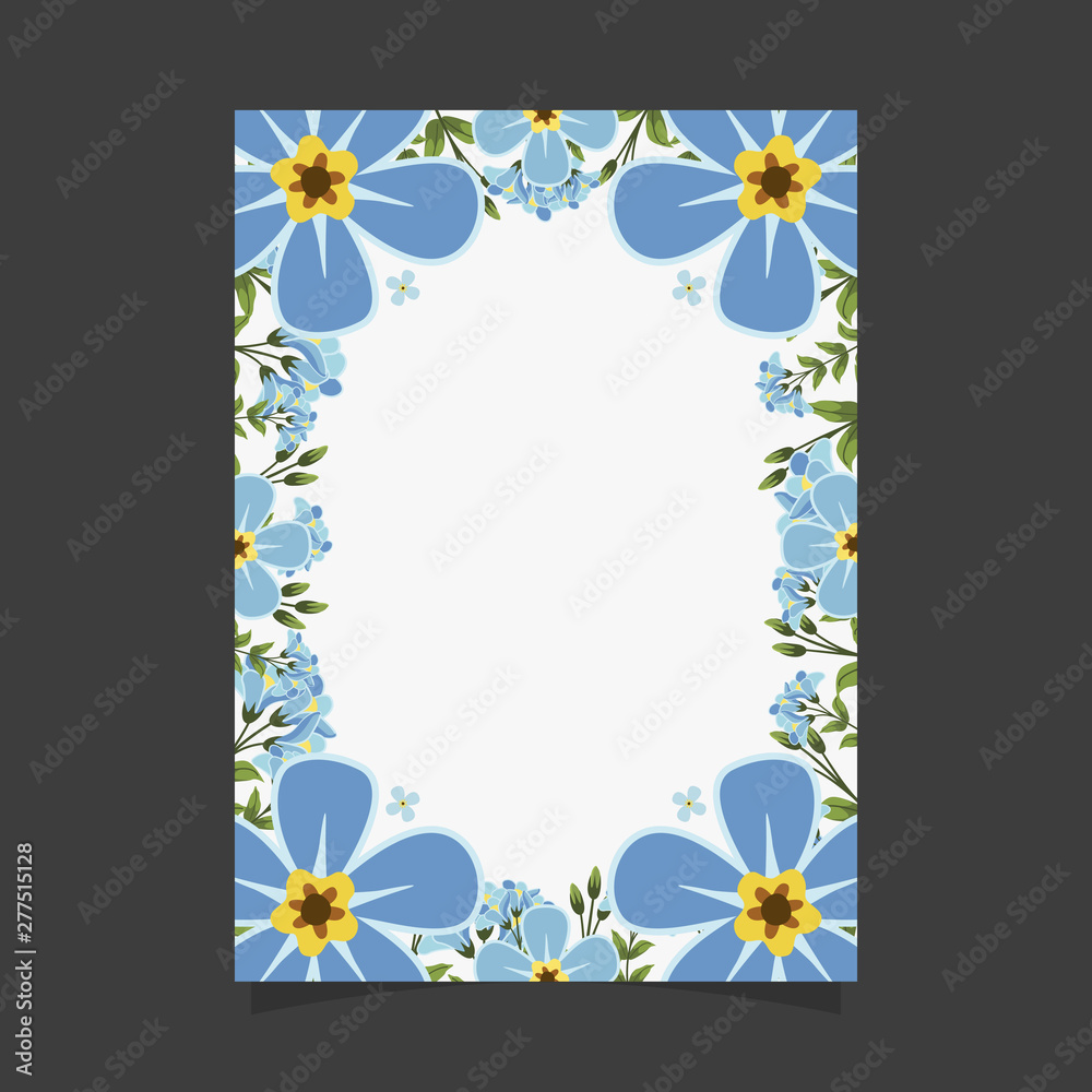 Obraz premium Common size of floral greeting card and invitation template for wedding or birthday anniversary, Vector shape of text box label and frame, Blue flowers wreath ivy style with branch and leaves.