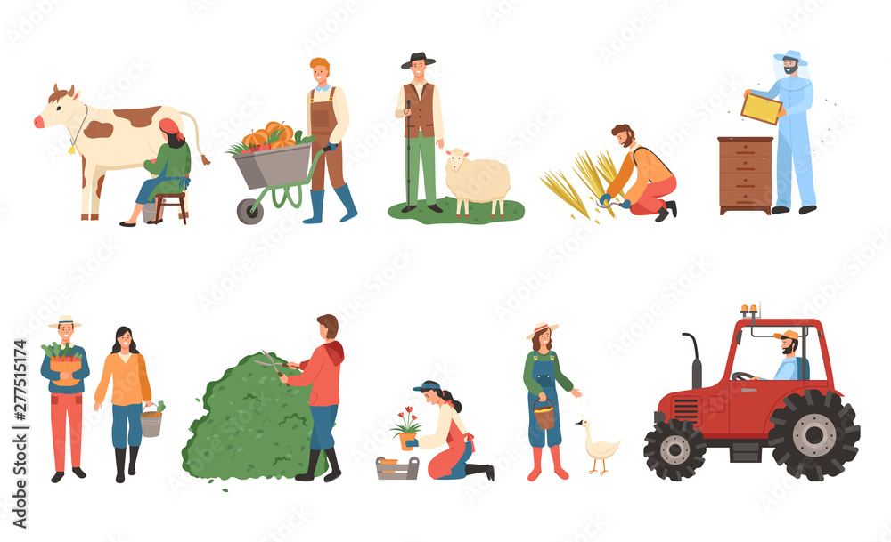 People farming vector, man and woman with basket and fruits, carriage with pumpkins, male with sheep and farmer lady with cow, tractor machinery set - obrazy, fototapety, plakaty 