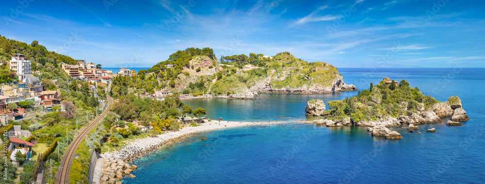 Panoramic view of beautiful Isola Bella, small island near Taormina, Sicily, Italy