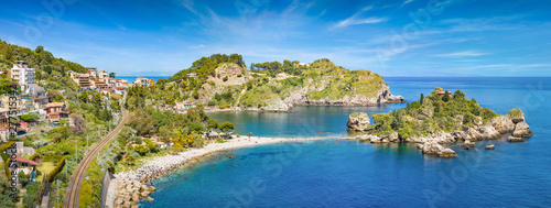 Panoramic view of beautiful Isola Bella, small island near Taormina, Sicily, Italy