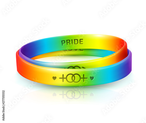 LGBT Pride concept. Rainbow rubber bracelets for homosexual people. Silicone wristbands with symbols of gender: Lesbian and Gay. Day of bisexuality and International Day for Tolerance poster