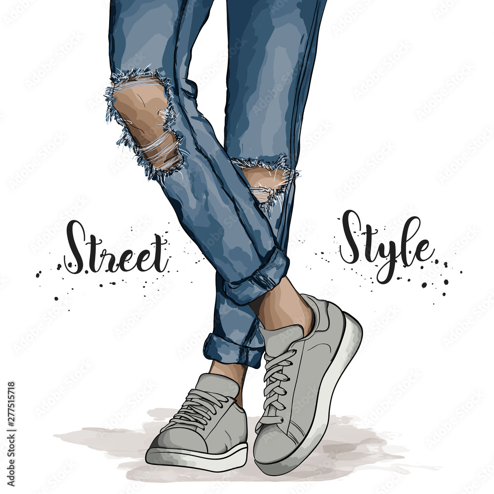 Hand drawn beautiful female legs.Trendy teen wearing sneakers and ripped  jeans. Vector illustration Fashion Denim Style. Stock Vector | Adobe Stock