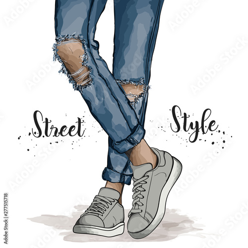 Hand drawn beautiful female legs.Trendy teen wearing sneakers and ripped  jeans. Vector illustration Fashion Denim Style. Stock Vector | Adobe Stock