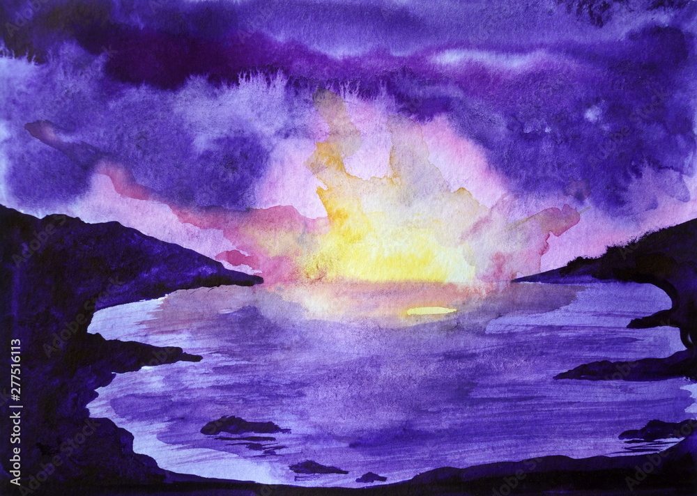 Drawing of bright sunset sunrise over the sea