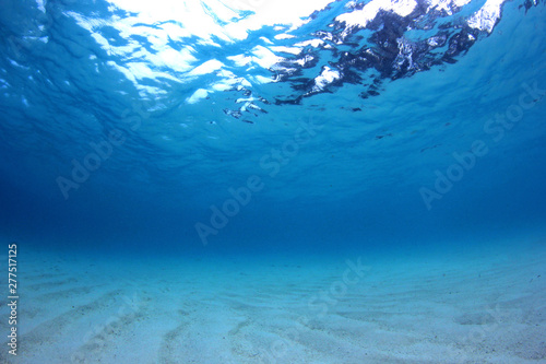 Underwater photo background, blue sea and sandy bottom