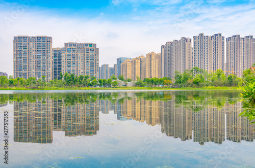 Architectural scenery around Jincheng Lake Park in Chengdu  Sichuan Province  China