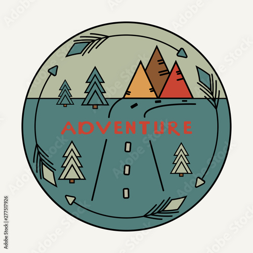 Round vintage sticker with Inscription Adventure. The road, the arrows around the mountains, fir trees. Symbol of free travel. Camper tourism. Van life label. To create Outdoor vinyl car stickers.