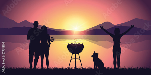 bbq with friends by the lake with mountain view purple landscape at sunset vector illustration EPS10