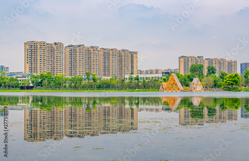 Architectural scenery around Jincheng Lake Park in Chengdu, Sichuan Province, China photo