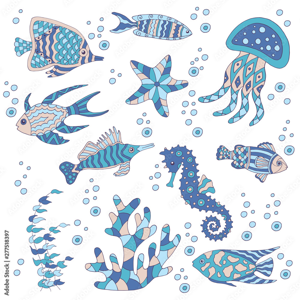 Hand-drawn set of sea fish Hand-drawn set of sea fish