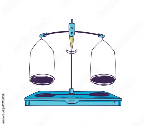 Weighing scale or mass balance with two plates in equilibrium isolated on white background. Laboratory equipment or lab tool for measuring weight. Realistic vector illustration in vintage style.