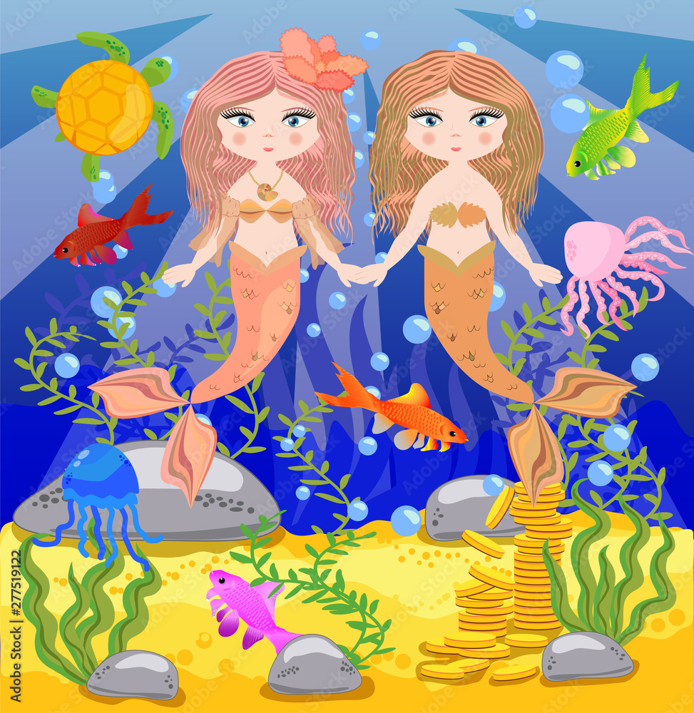 background with an underwater world in a children's style. A mermaid is sitting on a rock. background with an underwater world in a children's style. A mermaid is sitting on a rock.