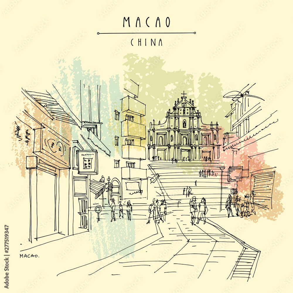 Macao (Macau), China, Asia. View of the ruins of St. Paul's Cathedral and people in the walking street. Shopping area. Travel sketch. Artistic drawing. Vintage hand drawn postcard. Vector illustration