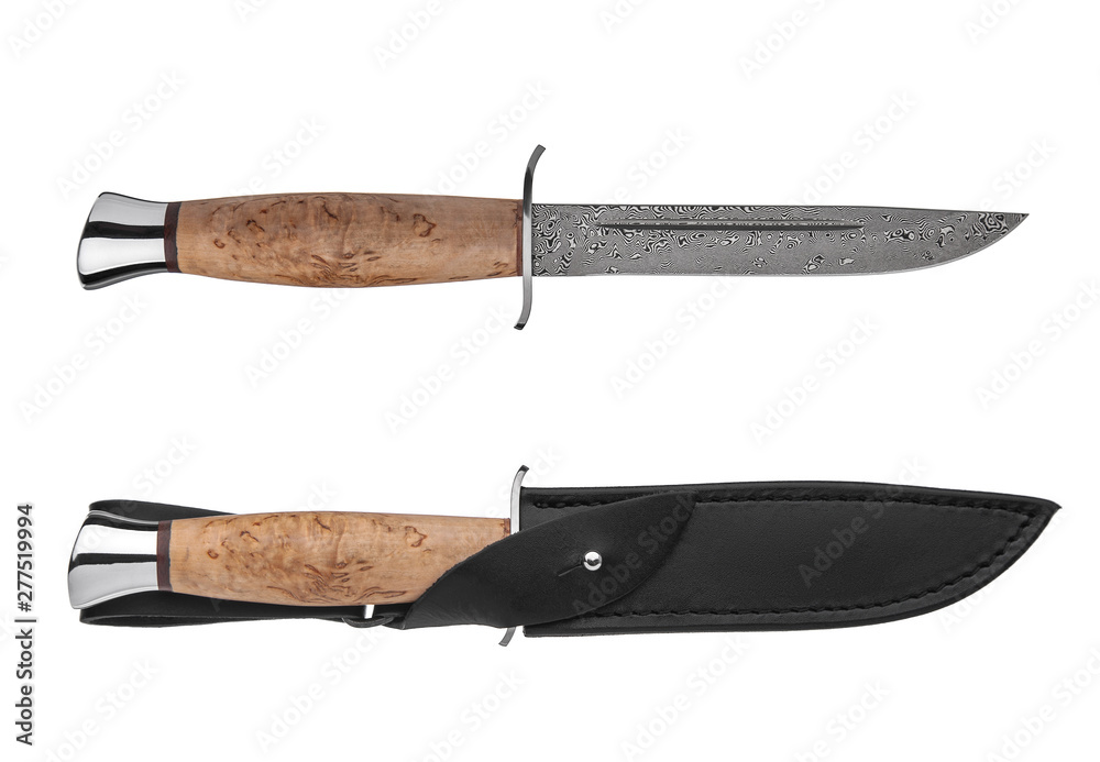 Hunting knife with wooden handle and leather case isolated on white Hunting knife with wooden handle and leather case isolated on white