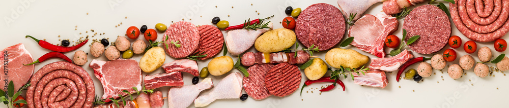 various types of italian raw meat with spices, vegetables and aromatic herbs. banner for supermarket or butcher - obrazy, fototapety, plakaty 