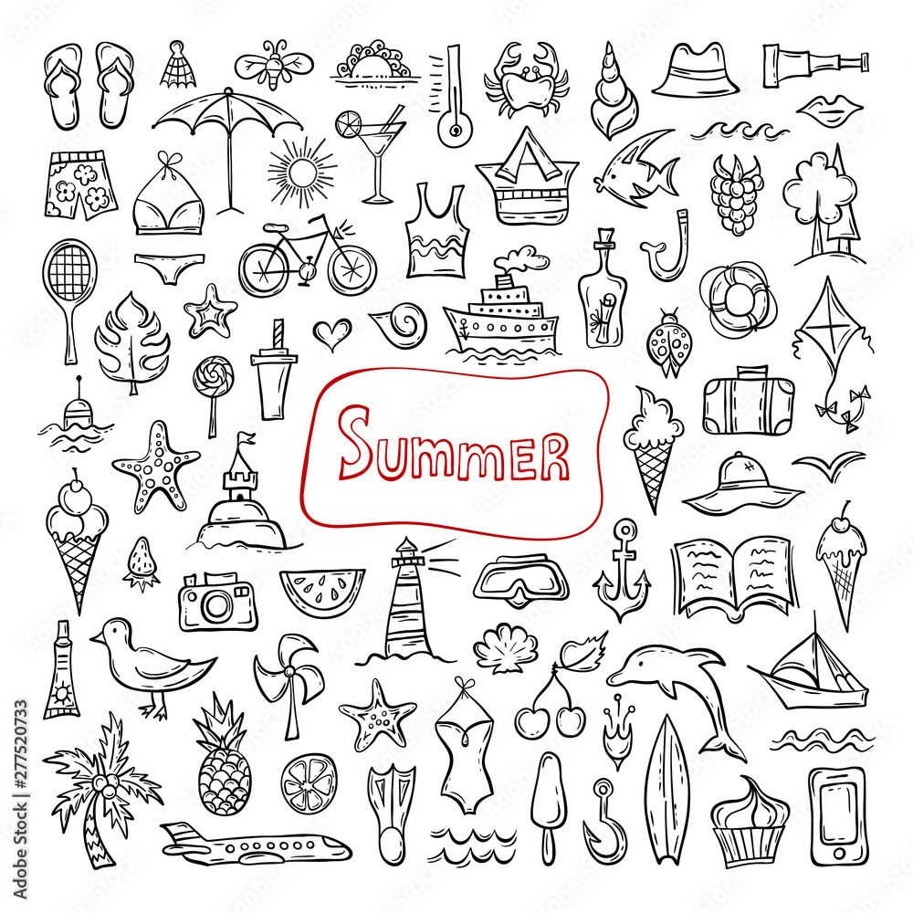 Set of hand-drawn summer symbols. Doodle icons on a summer holiday theme. Vector sketches. Popular seasonal attributes.
