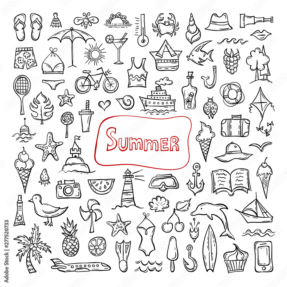 Set of hand-drawn summer symbols. Doodle icons on a summer holiday theme. Vector sketches. Popular seasonal attributes. Set of hand-drawn summer symbols. Doodle icons on a summer holiday theme. Vector sketches. Popular seasonal attributes.