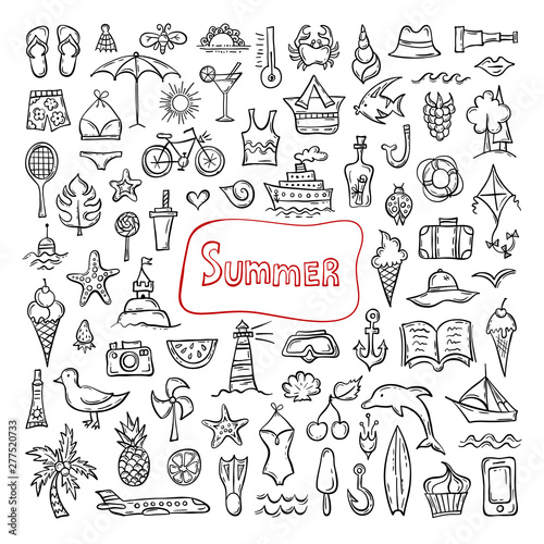 Set of hand-drawn summer symbols. Doodle icons on a summer holiday theme. Vector sketches. Popular seasonal attributes.