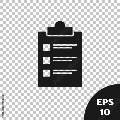 Black Clipboard with checklist icon isolated on transparent background. Control list symbol. Survey poll or questionnaire feedback form. Vector Illustration