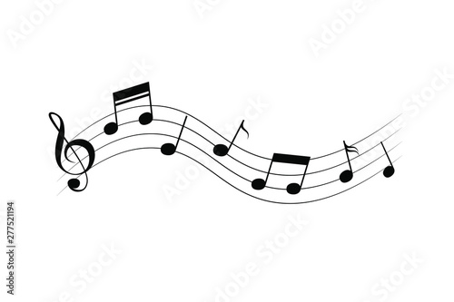 Waving notes and melody vector icon. Black silhouette isolated on white background. 