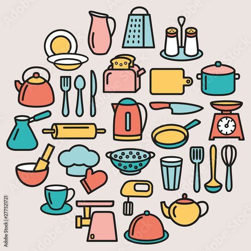 Cooking set of kitchenware line color icons in circle