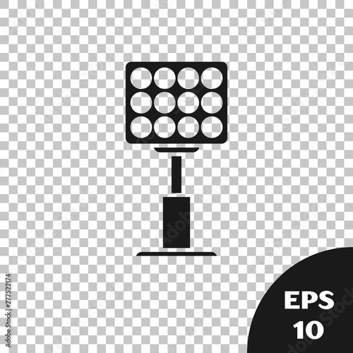Black Bright stadium lights icon isolated on transparent background. Spotlight on a football field. Floodlight, light projector. Vector Illustration