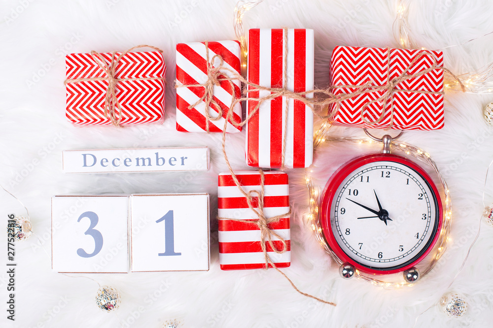 Fototapeta premium Winter holidays background flat lay