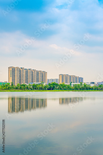 Architectural scenery around Jincheng Lake Park in Chengdu  Sichuan Province  China