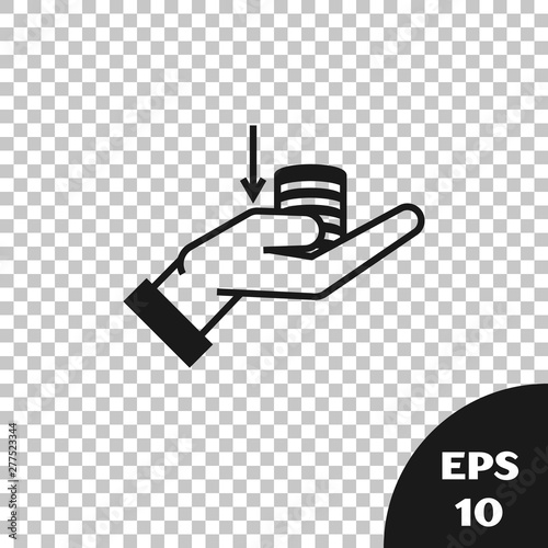 Black Money on hand icon isolated on transparent background. Palm holds cash with down. Cash salary decrease. Vector Illustration