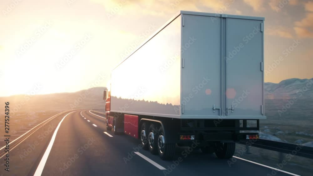 Side-view camera follows a semi truck driving on a highway into the sunset. Realistic high quality 3d animation.