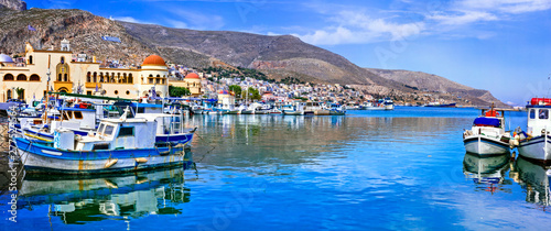 Scenic traditional greek isalnds.   Kalymnos island in Dodecanese. Pothia town and harbor  with fishing boats. Greece travel photo