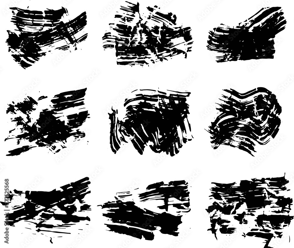 Vector collection of ink, grunge, dirty brush, black paint, strokes. Abstract grunge banner. Black brush stroke background.	