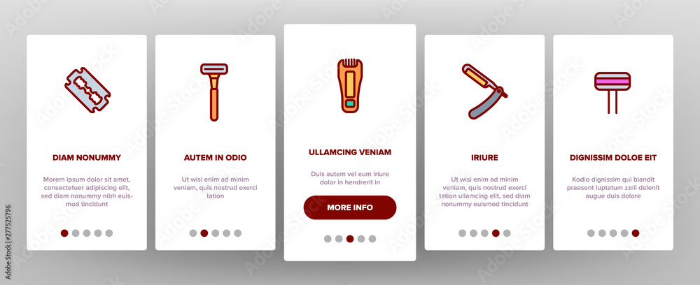 Razor, Shaving Accessories Vector Onboarding Mobile App Page Screen. Razor, Male Hygiene Thin Line Illustrations Collection. Modern, Retro Style Shaving Equipment, Electronics. Barbershop Services
