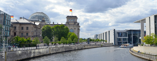 Berlin, Germany,  Reichstag and Bundestag buildings, view over the Spree river