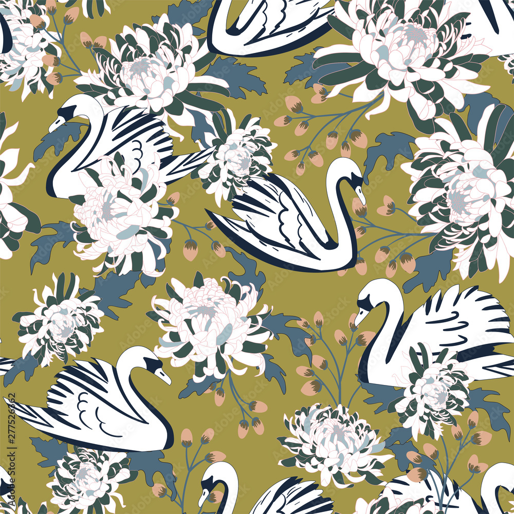 Seamless pattern with geometric silhouettes of swans and chrysanthemums. Seamless pattern with geometric silhouettes of swans and chrysanthemums.