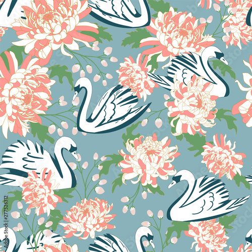 Seamless pattern with geometric silhouettes of swans and chrysanthemums.