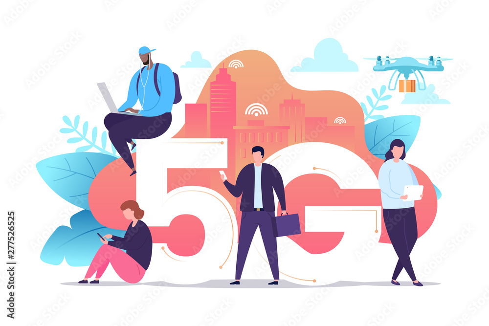 People with gadgets use high-speed Internet vector illustration. 5G network wireless technology. Small characters near big 5G sign. Flat cartoon style. Concept for your design. Eps 10