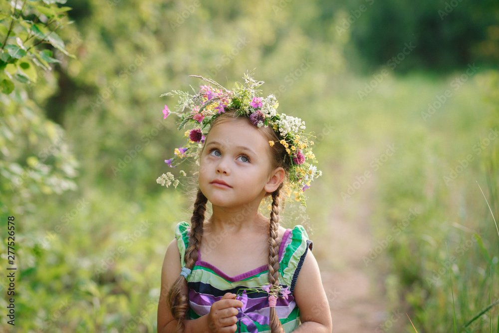 little girl in a wreath of wild flowers in summer Stock Photo | Adobe Stock