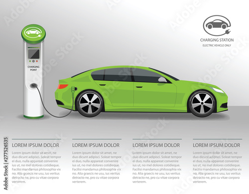 Vector banner with electric car and charging station
