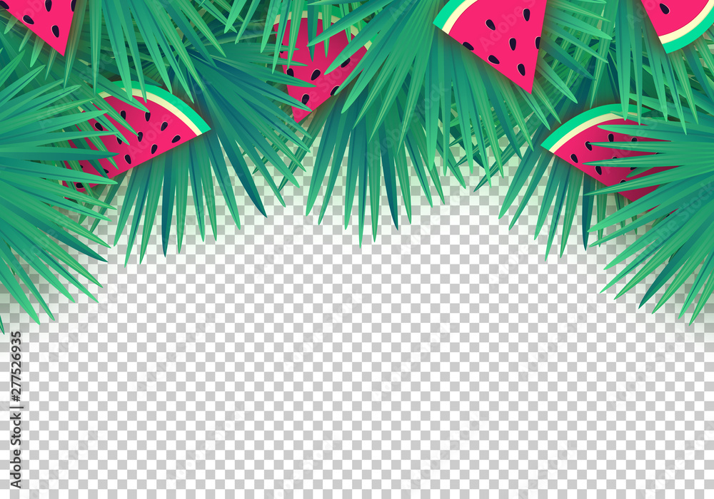 Vector Summer palm leaves with watermelon slices on transparent background. Trendy tropical frame