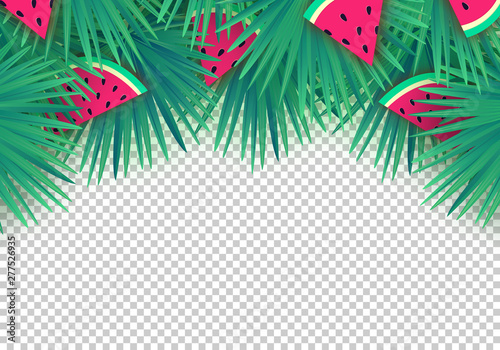 Vector Summer palm leaves with watermelon slices on transparent background. Trendy tropical frame