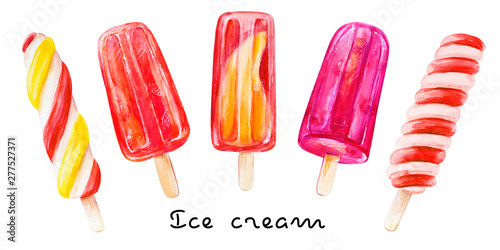 Set of five colorful ice creams from frozen fruit and berry juice. Watercolor painting. Food background. Hand drawn sweets illustration. Summer cold desserts. Painted backdrop. Sketch drawings.