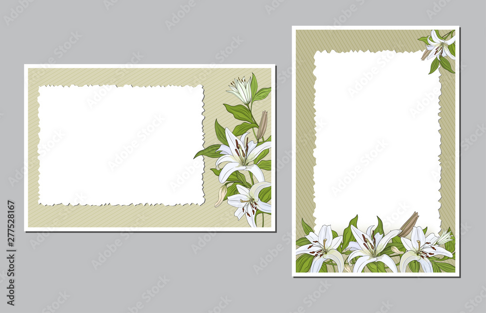Vertically and horizontally positioned postcards with white lily flowers.