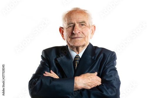 Portrait of 90 year serious handsome senior man portrait isolated on white background.