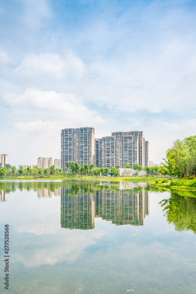 Architectural scenery around Jincheng Lake Park in Chengdu, Sichuan Province, China