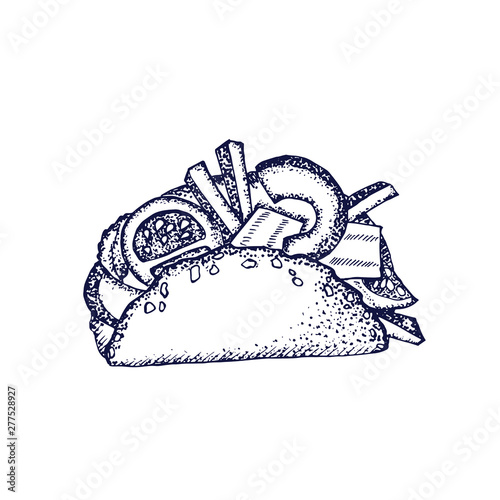 Set of hand-drawn fast food. Background with food for menu and advertising or packaging. Sketch. Vector design