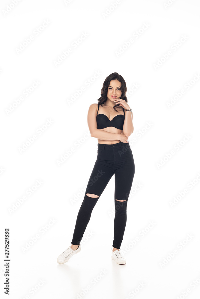 full length view of smiling sexy girl in black bra and pants isolated on white full length view of smiling sexy girl in black bra and pants isolated on white