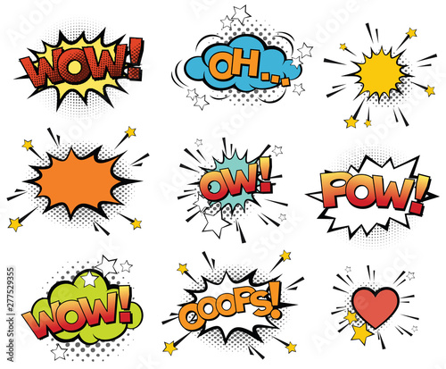 Set of vector pop art signs and comic cartoon bubbles and elements with halftone shadows