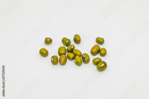 Mung bean seeds have long been used as food for humans, green beans, isolated on a white background.