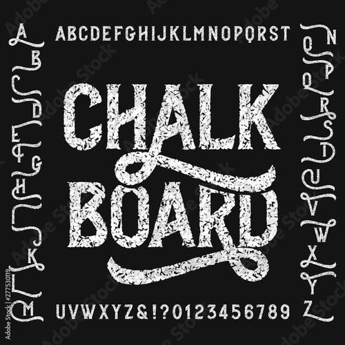 Vintage chalk board alphabet font with alternates. Handwritten uppercase letters and numbers. Stock vector typeface.